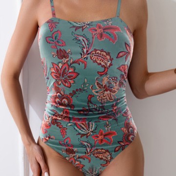 Damen Einteiler Badeanzug mit floralem Raffungselement R&B