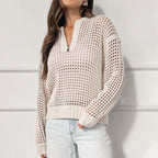 Damen lockerer Strickpullover mit Reißverschluss und luftiger Maschenstruktur
