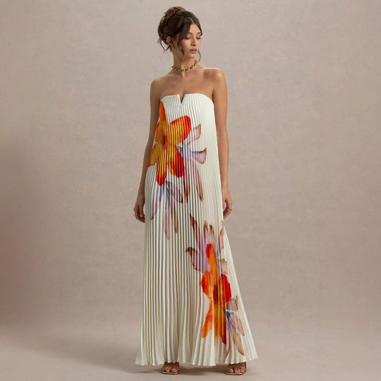 Damen Maxikleid mit plissiertem Design und floralem Druck R&B