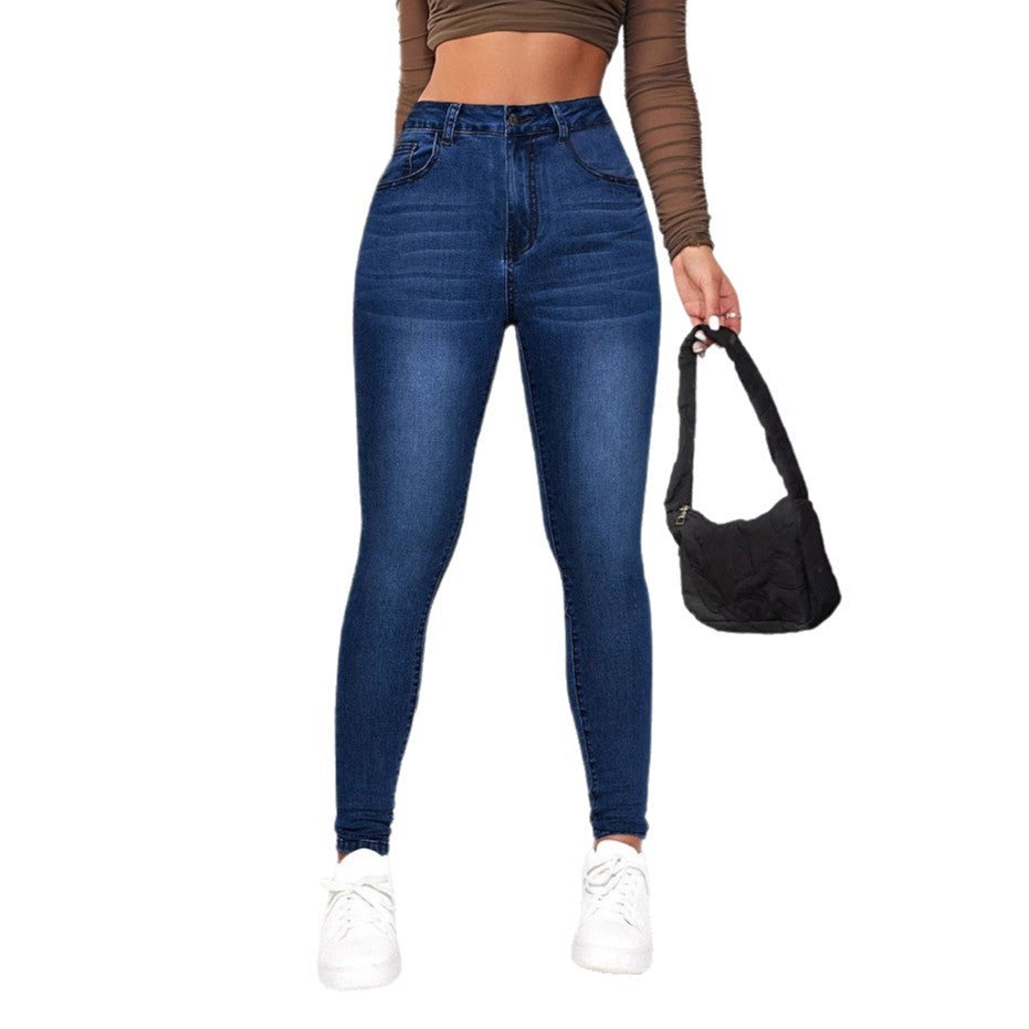Damen High-Waist Skinny Jeans mit angedeuteten Taschen und elastischem Bund R&B