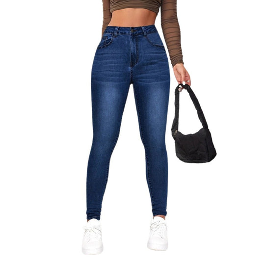 Damen High-Waist Skinny Jeans mit angedeuteten Taschen und elastischem Bund R&B
