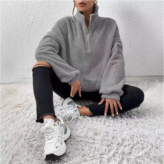 Damen Kuscheliger Fleece-Pullover mit Stehkragen und Eingrifftaschen R&B