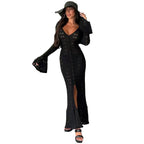Damen Strickmaxikleid mit nostalgischem Lochmuster und elegantem V-Ausschnitt R&B