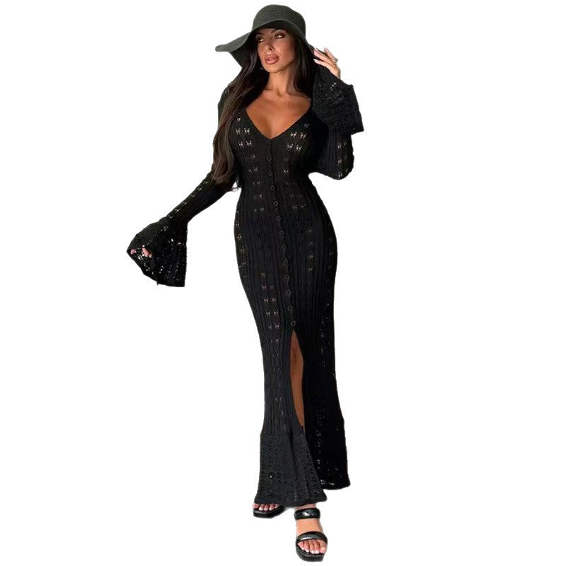 Damen Strickmaxikleid mit nostalgischem Lochmuster und elegantem V-Ausschnitt R&B