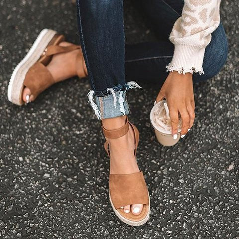 Damen Plateau-Sandalen mit verstellbarem Riemen und jute-artigem Boden R&B