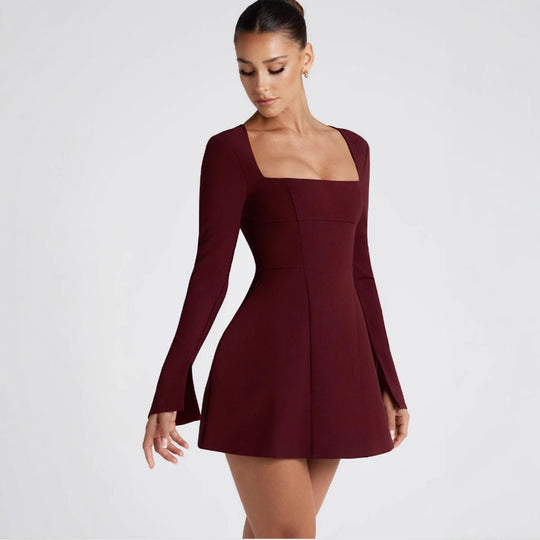 Damen Figurbetontes Minikleid mit elegantem quadratischem Ausschnitt und langen Ärmeln R&B
