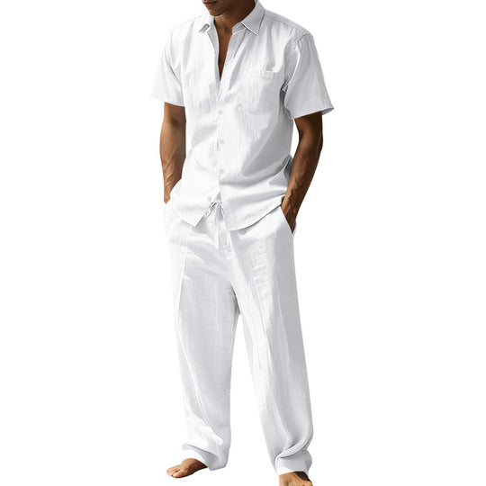 Herren nan resort-taugliches Kurzarm-Hemd mit Brusttasche und lässiger Leinen-Kordelhose R&B