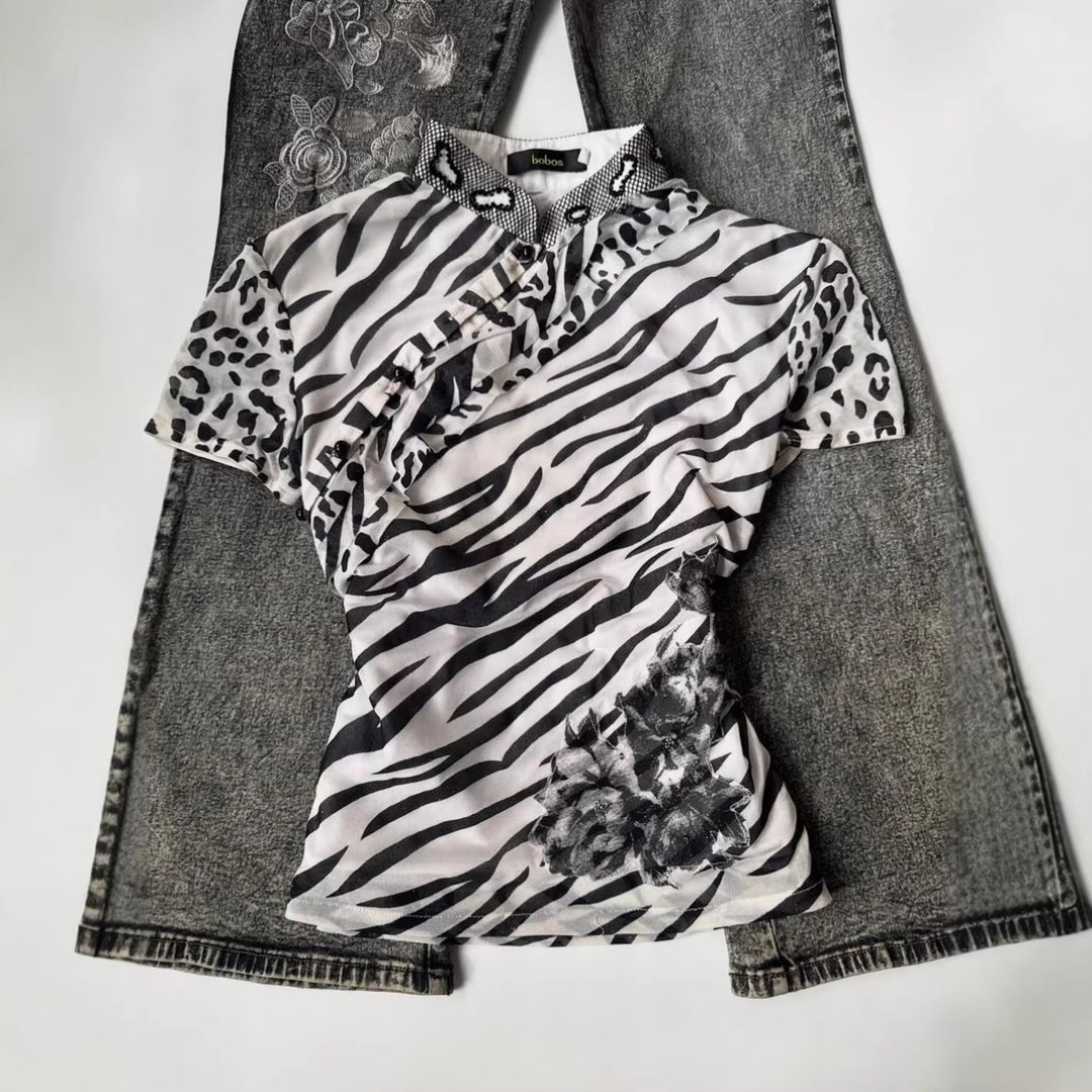 Damen Modisches T-Shirt mit tierischem Muster und dekorativem Kragen R&B