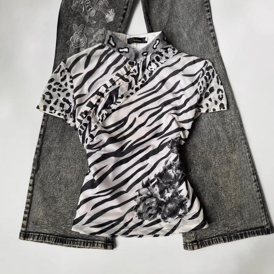Damen Modisches T-Shirt mit tierischem Muster und dekorativem Kragen R&B