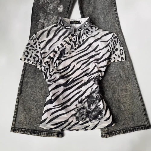 Damen Modisches T-Shirt mit tierischem Muster und dekorativem Kragen R&B