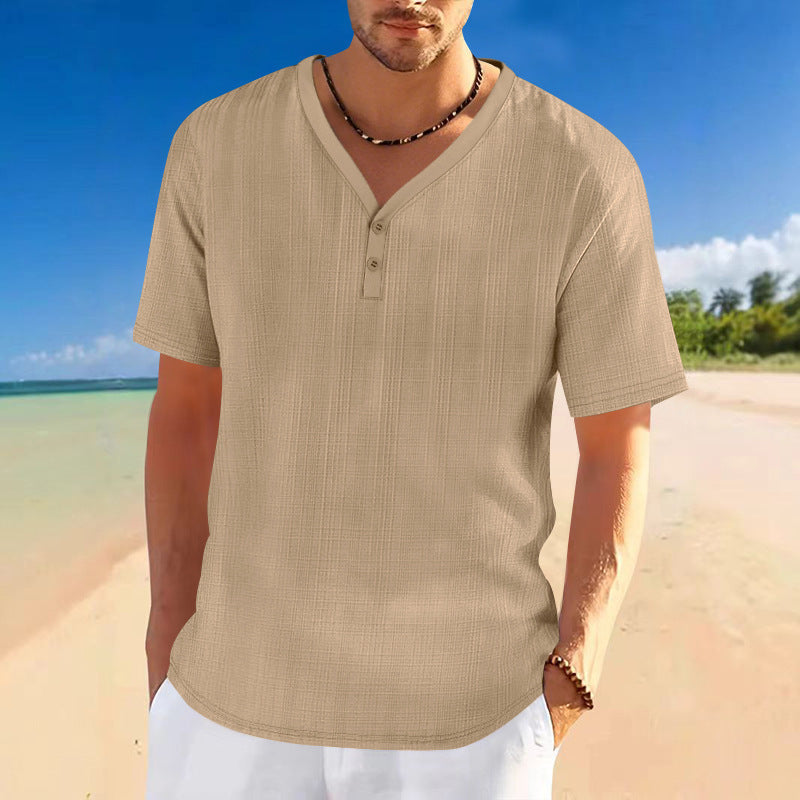 Herren lässiges Kurzarm-Henley-Shirt mit strukturierter Oberfläche R&B