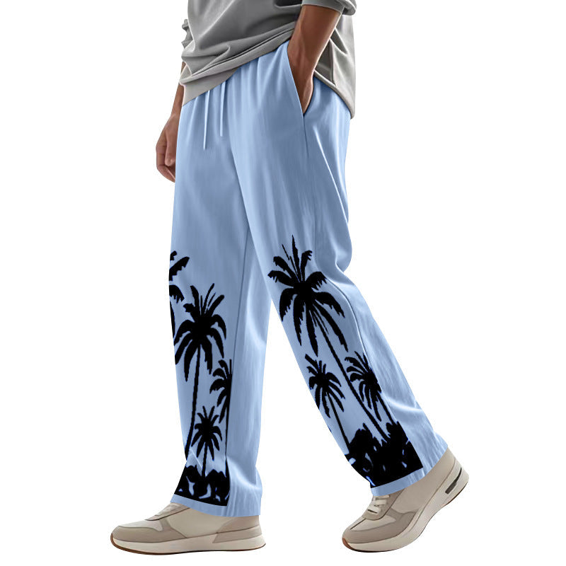 Herren nan weite Freizeit-Hose aus Baumwoll-Leinen-Mix mit Palmenprint, Elastikbund und Kordelzug R&B