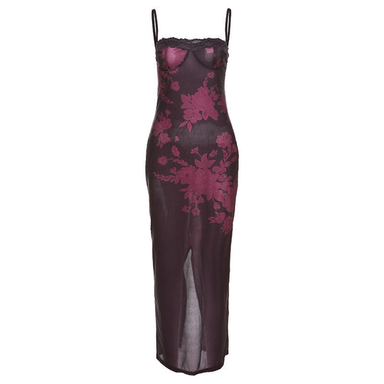 Damen Extravagantes Spitzen-Nachtkleid mit floralem Design und langem Schnitt R&B