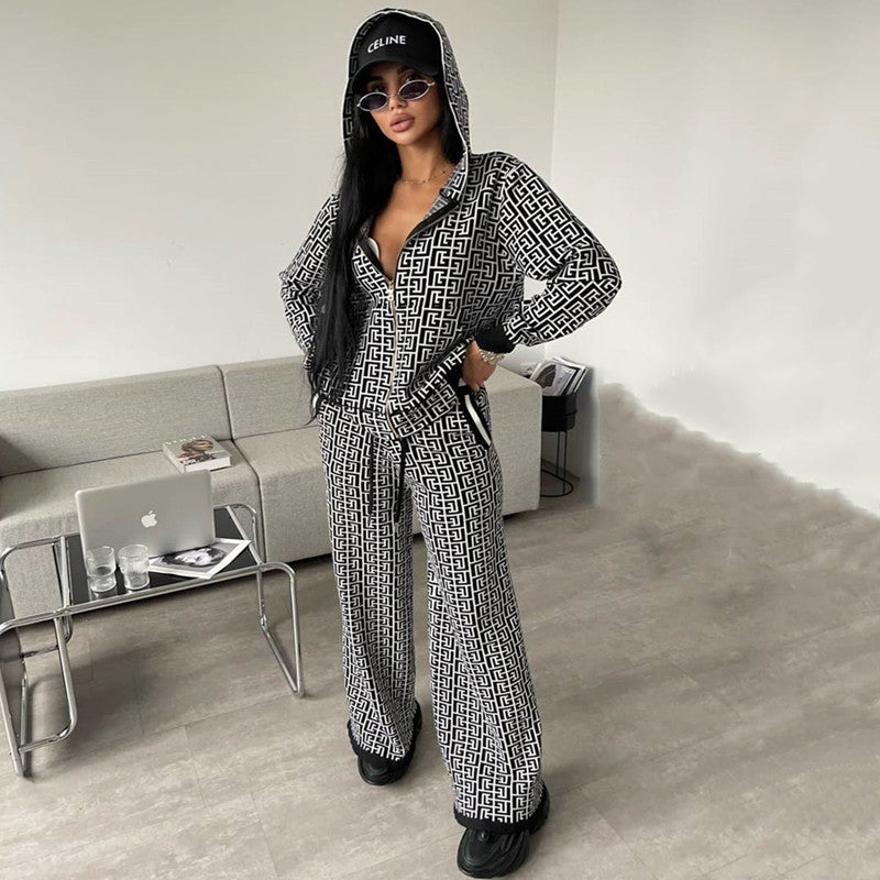 Damen modisches Strick-Loungewear-Set mit grafischem Muster R&B