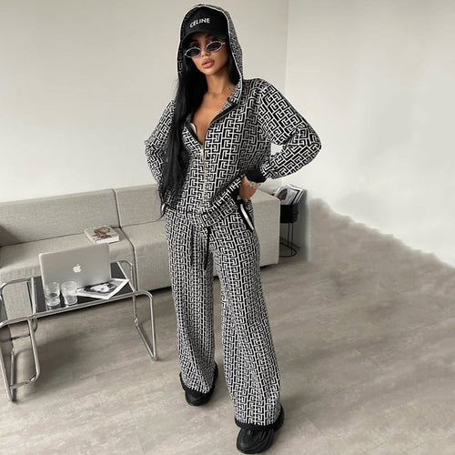 Damen modisches Strick-Loungewear-Set mit grafischem Muster R&B