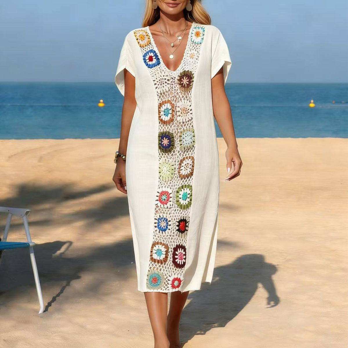 Damen Strandkleid mit floralen Häkelelementen R&B