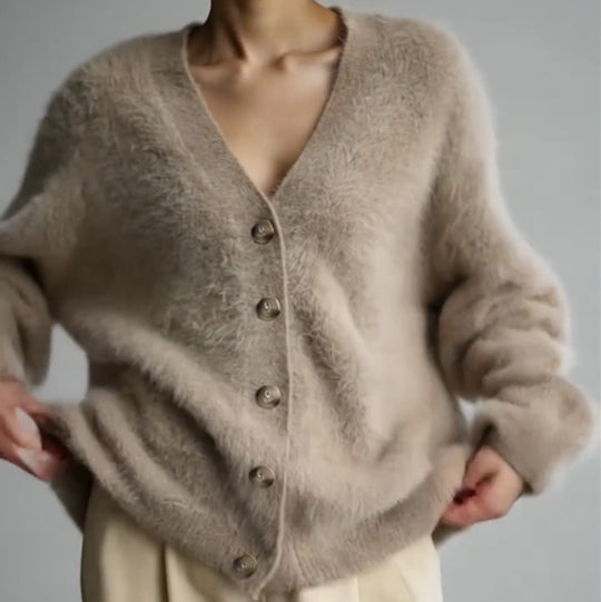 Damen Flauschiger Cardigan mit eleganten Knöpfen und weiter Passform R&B