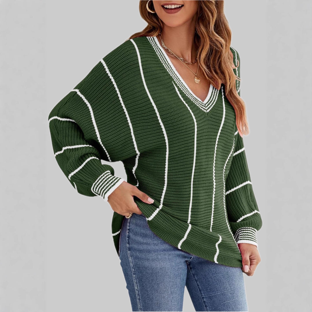 Damen Strickpullover mit V-Ausschnitt und lässigem Streifenmuster R&B
