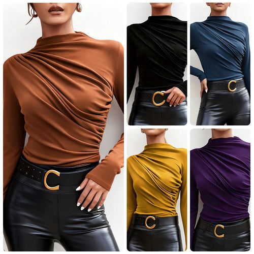 Damen elegantes Langarmshirt mit luxuriösem Drapierungsdesign und schickem Stehkragen R&B