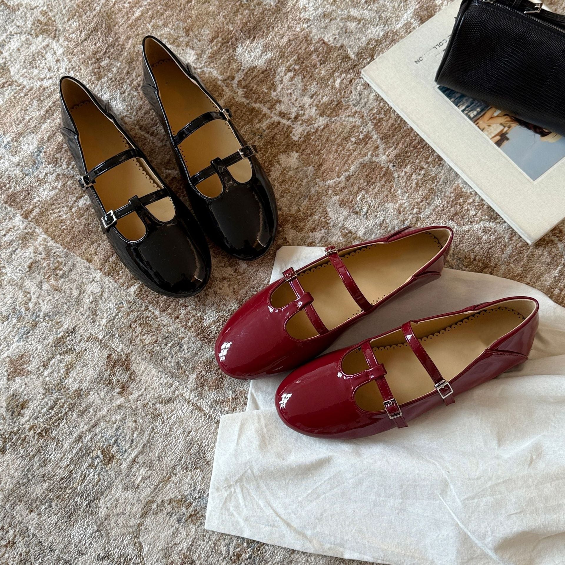 Damen Elegante Mary Jane Ballerinas mit doppelter Schnalle und schimmerndem Finish R&B