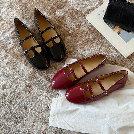 Damen Elegante Mary Jane Ballerinas mit doppelter Schnalle und schimmerndem Finish R&B