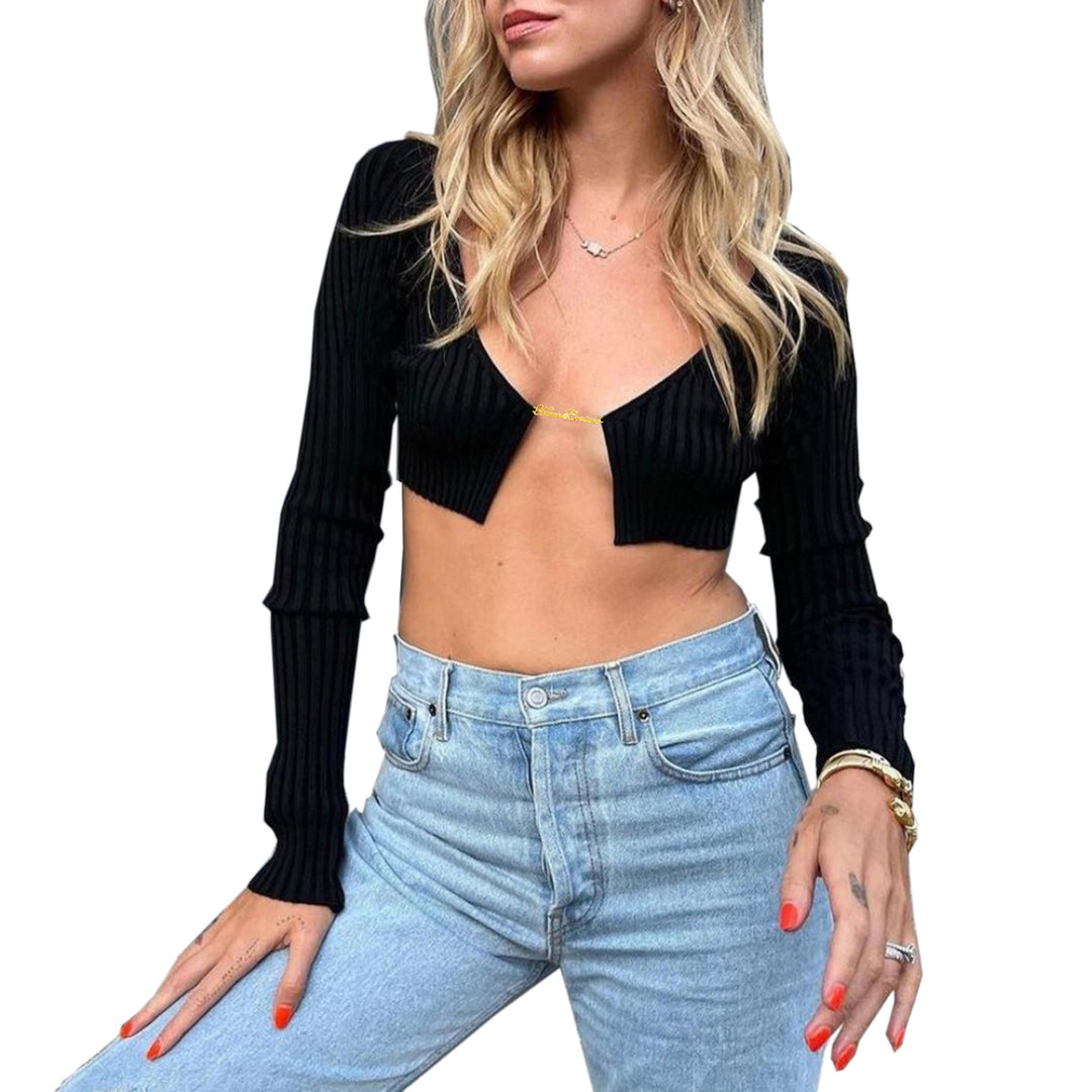 Damen cropped Pullover mit strukturiertem Design und V-Ausschnitt R&B