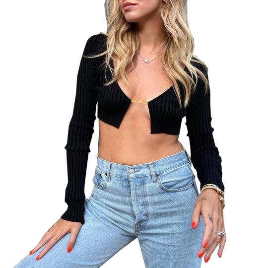 Damen cropped Pullover mit strukturiertem Design und V-Ausschnitt R&B