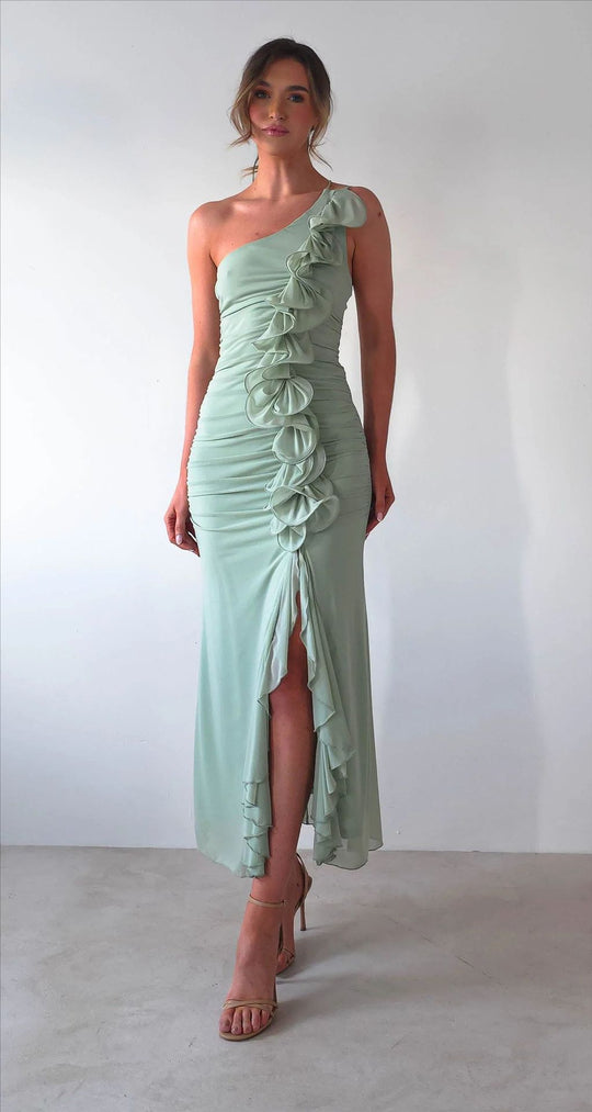 Damen Elegantes Rüschen-Maxi-Kleid im Stile einer Seite mit hohem Schlitz R&B