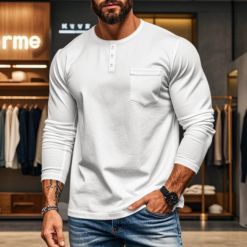 Herren nan figurbetontes Henley-Langarmshirt mit Brusttasche und feinem Stretchjersey R&B
