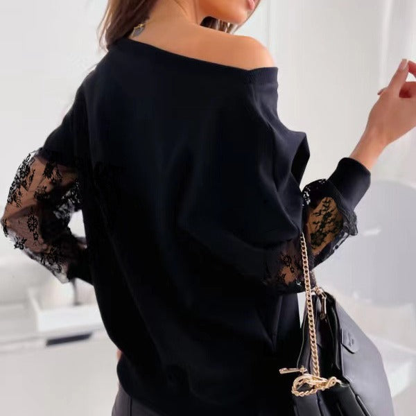 Damen eleganter Pullover mit transparenten Spitzenärmeln und asymmetrischem Ausschnitt R&B