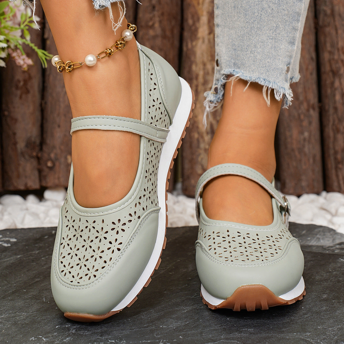 Damen Ballerina-Schuhe mit atmungsaktivem Lochmuster und verstellbarem Riemen R&B