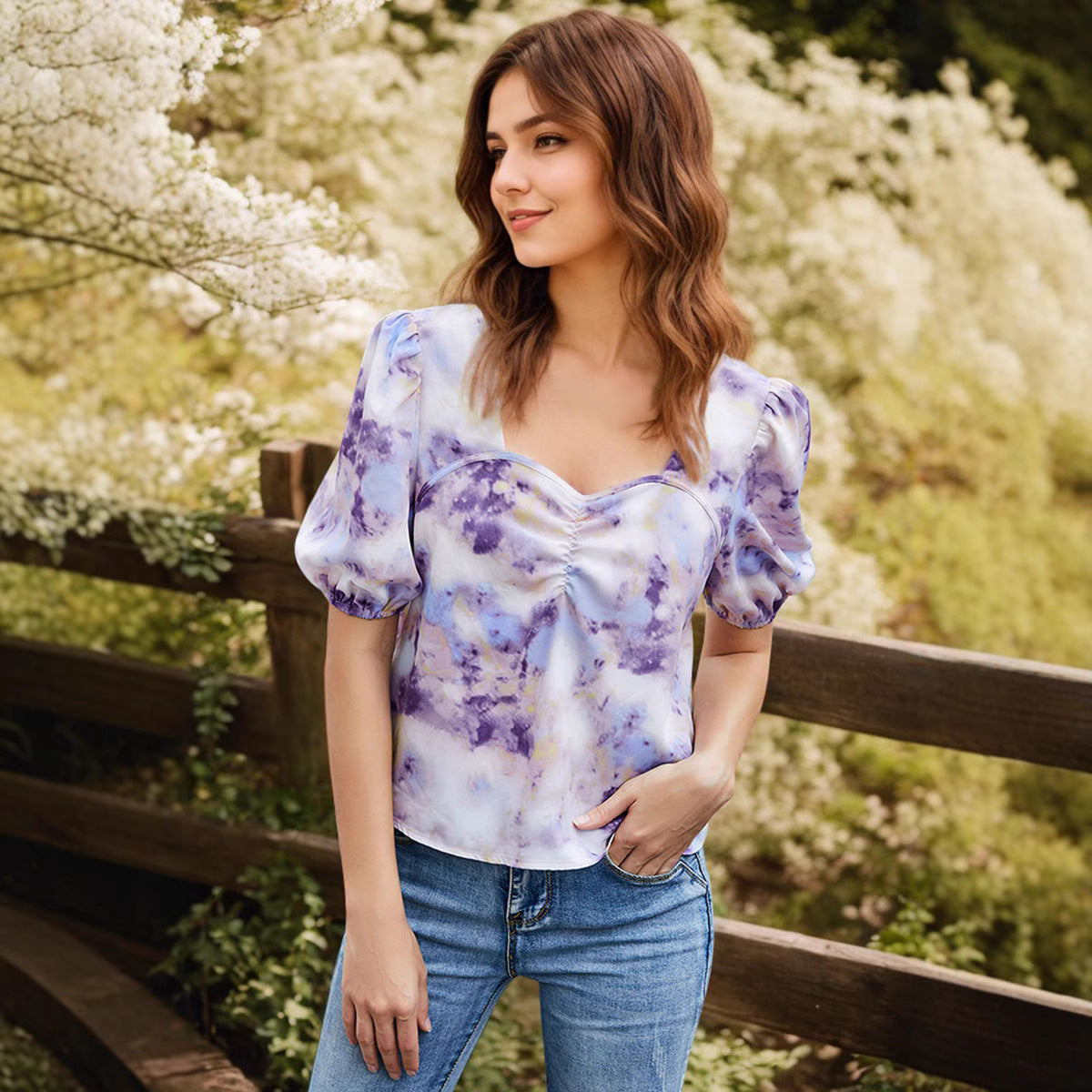 Damen Blusenshirt mit Puffärmel und floralen Details R&B