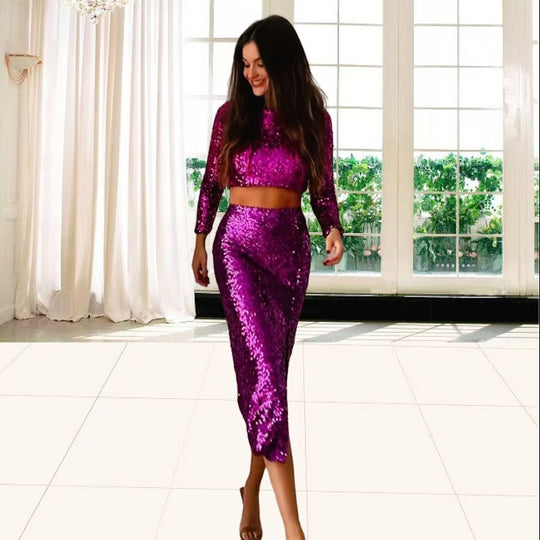 Damen Glitzerndes Zweiteiler-Set mit schimmerndem Oberteil und eleganter Maxi-Rock-Design R&B