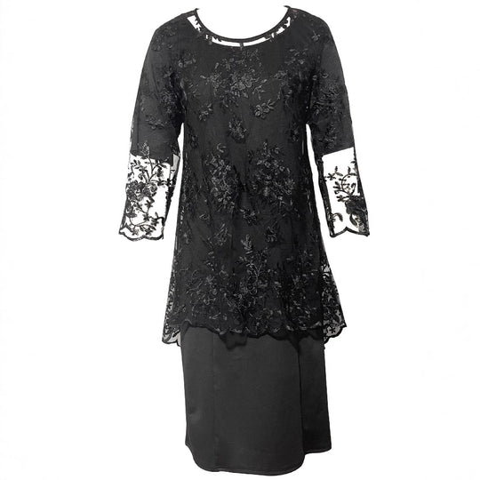 Damen Elegantes Blusen-Kleid mit floralen Spitze-Ärmeln und schwingendem Saum R&B