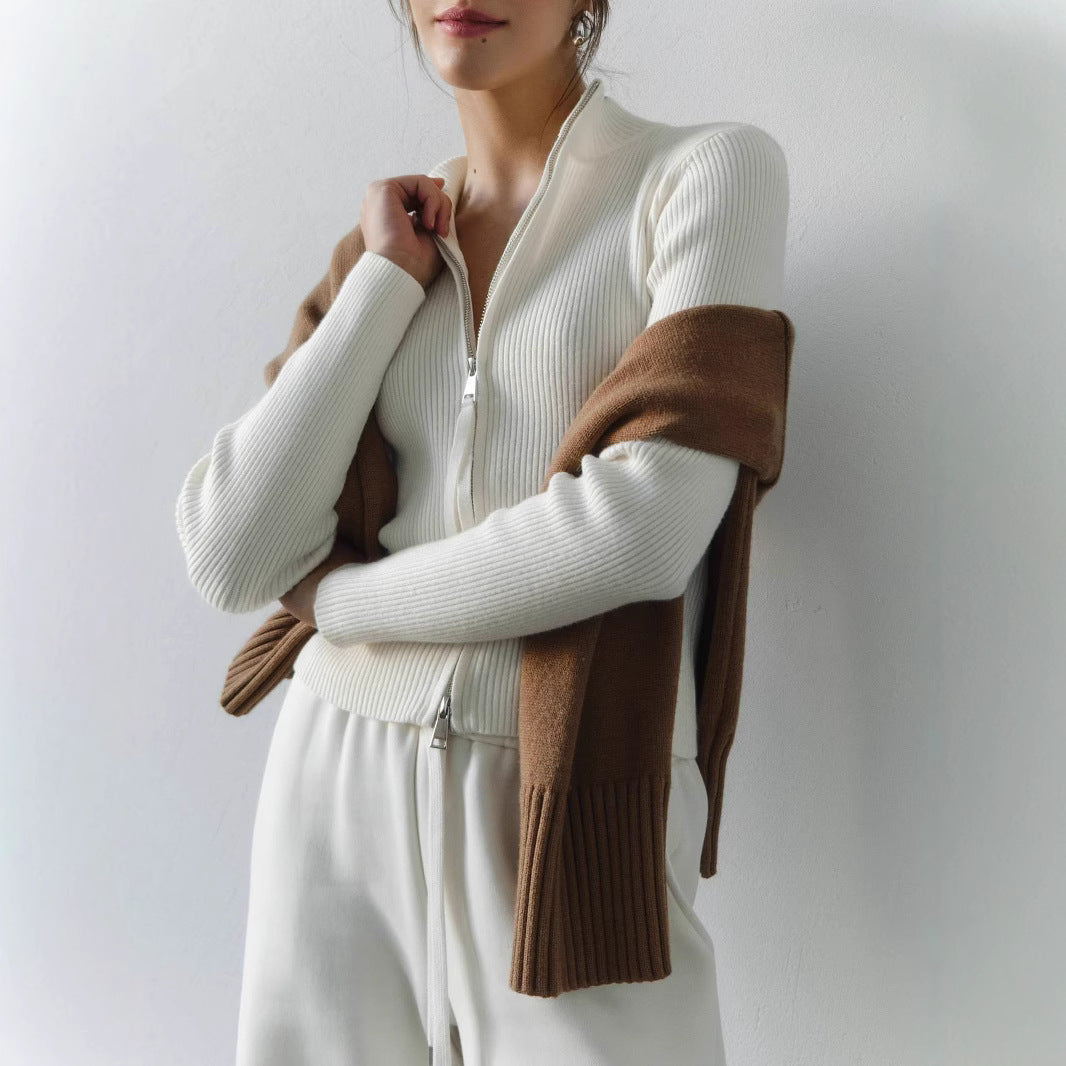 Damen Strickpullover mit hohen Kragen und Reißverschluss R&B