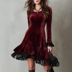 Damen Samt Minikleid mit Spitzenvolant und langen Ärmeln R&B