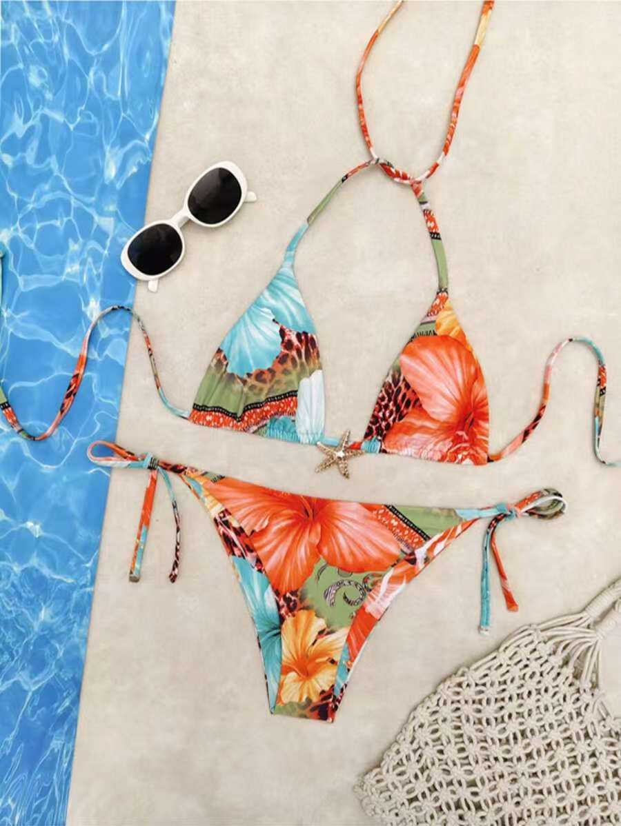 Damen Triangel-Bikini mit floralem Design und verstellbaren Bändern R&B