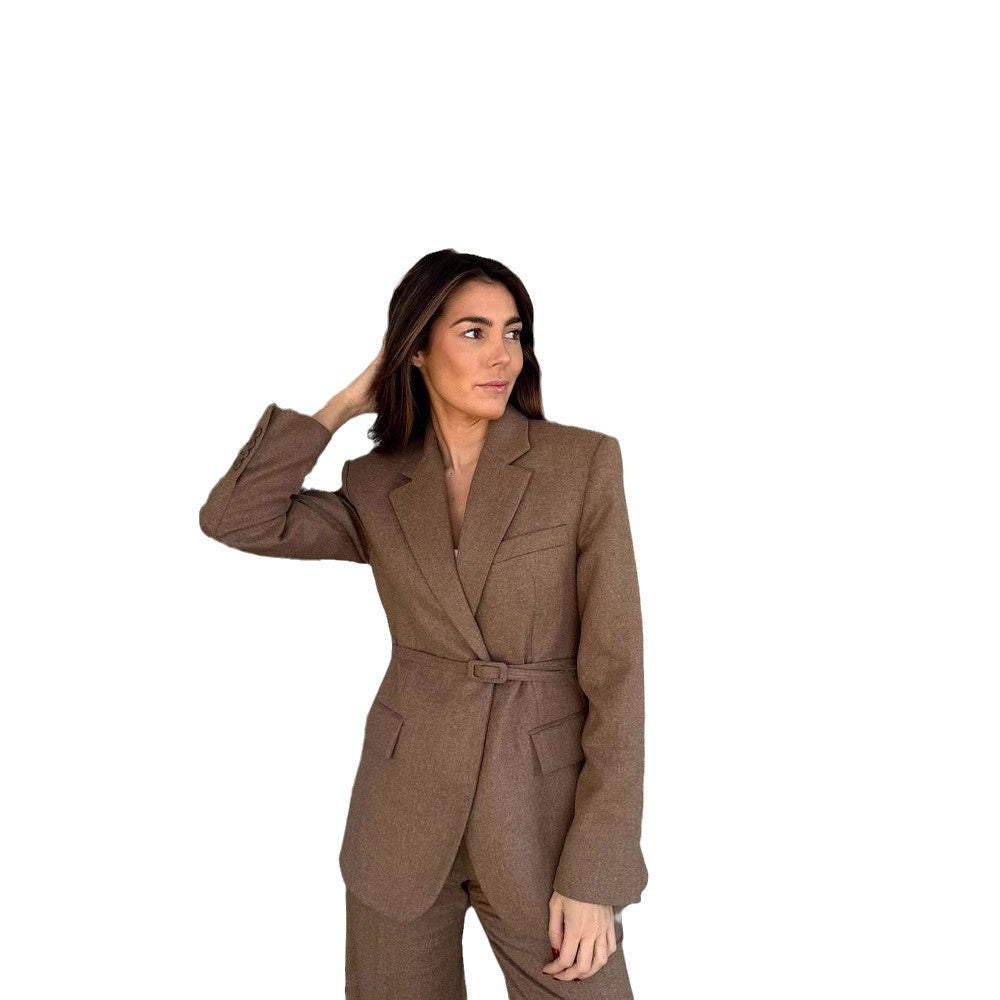 Damen taillierter Blazer mit Gürtel und eleganter Struktur R&B