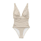 Damen Einteiler Badeanzug mit elegantem V-Ausschnitt und modischem Streifenmuster R&B