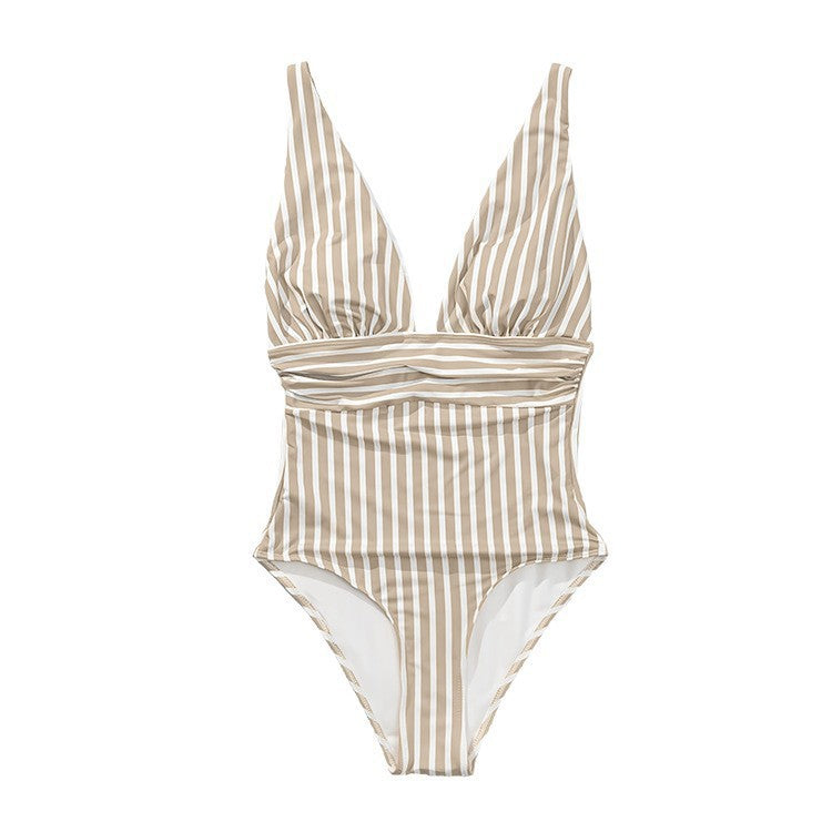 Damen Einteiler Badeanzug mit elegantem V-Ausschnitt und modischem Streifenmuster R&B