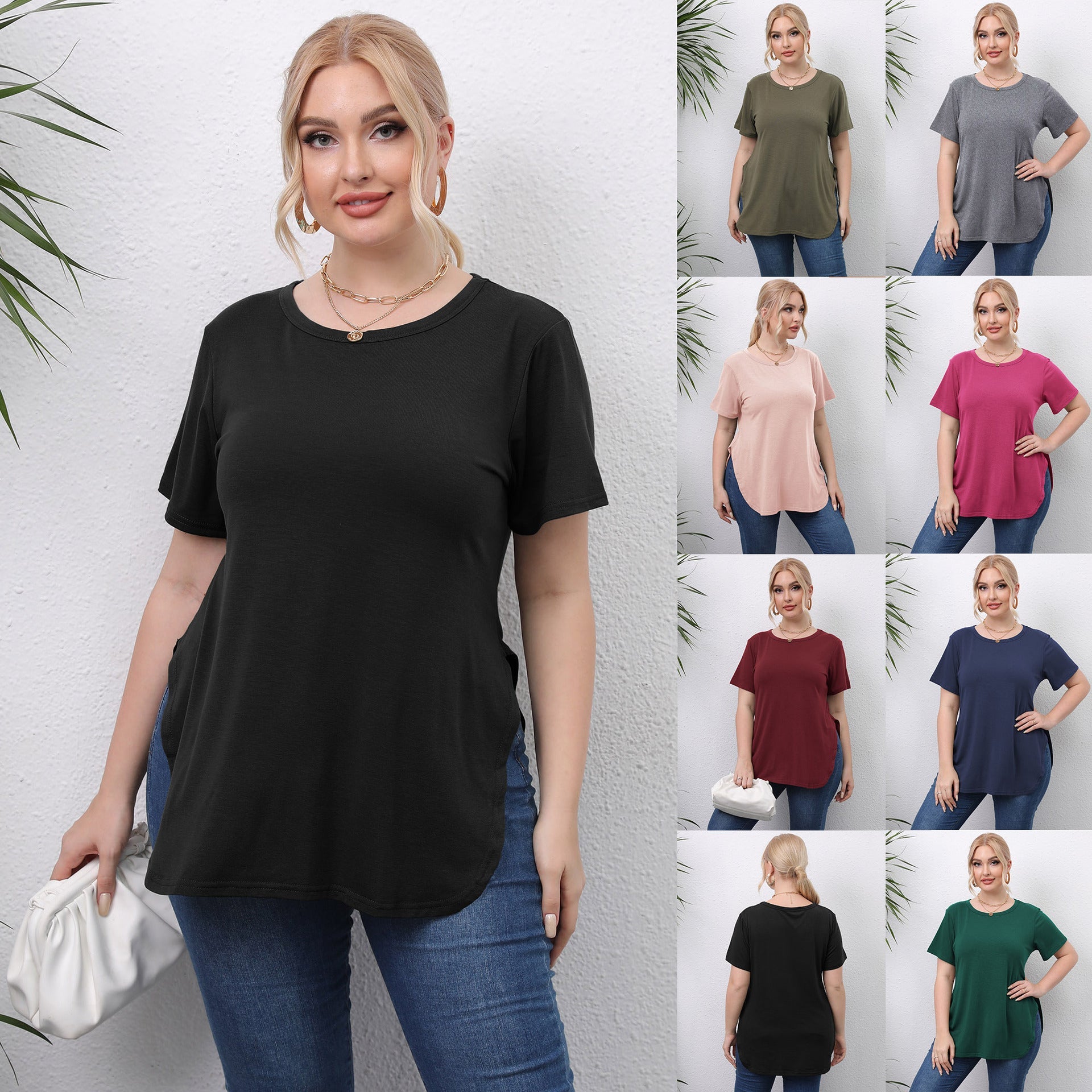 Damen lässiges T-Shirt mit seitlichen Eingrifftaschen R&B