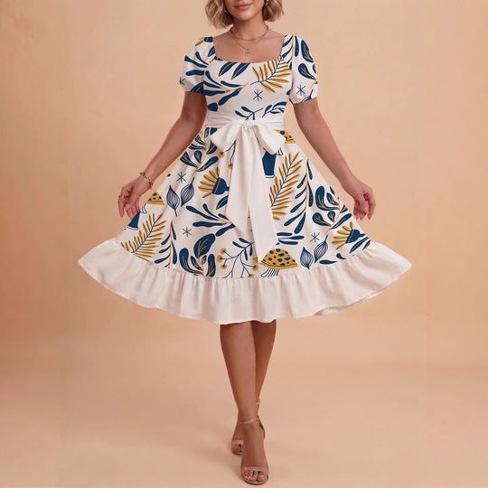Damen Sommerliches Blumenkleid mit taillierbarem Gürtel und voluminösen Ärmeln R&B