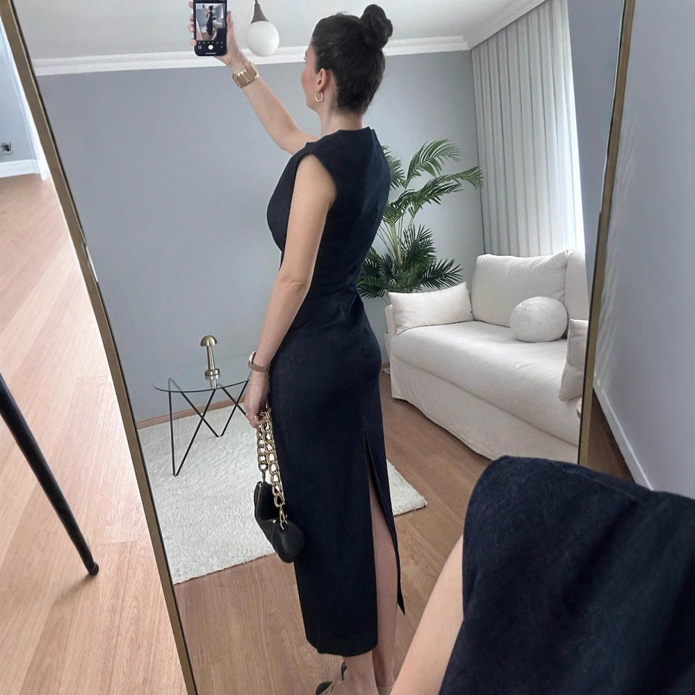 Damen elegantes Midikleid aus Denim mit Knopfdetail R&B