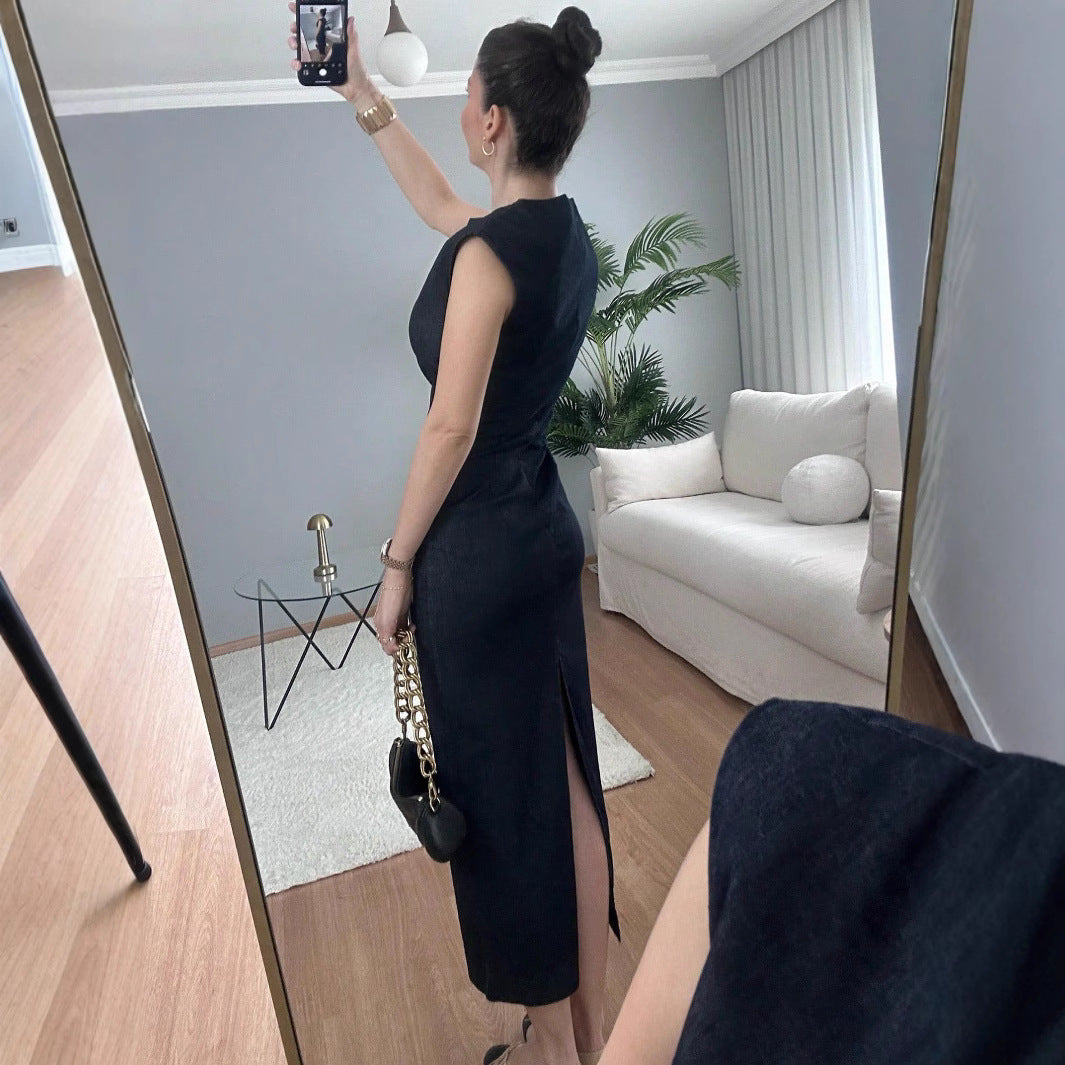 Damen elegantes Midikleid aus Denim mit Knopfdetail R&B