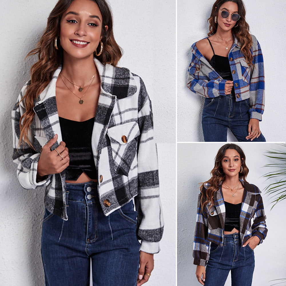 Damen modische Karojacke mit cropped Schnitt und praktischen Taschen R&B