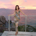 Damen Maxikleid mit tiefem V-Ausschnitt und animalischem Print R&B