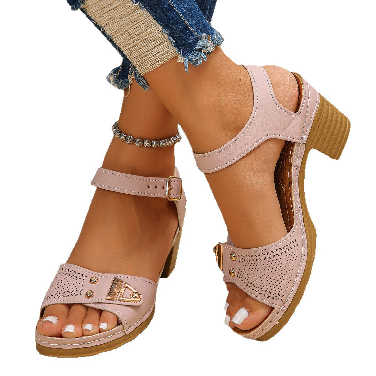 Damen Sandalen mit dekorativen Riemen und komfortablem Blockabsatz R&B