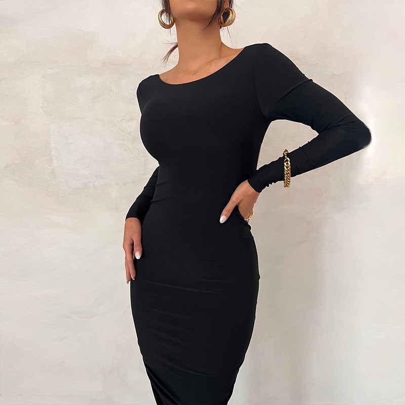 Damen Elegantes figurbetontes Maxikleid mit langen Ärmeln und Rundhalsausschnitt R&B