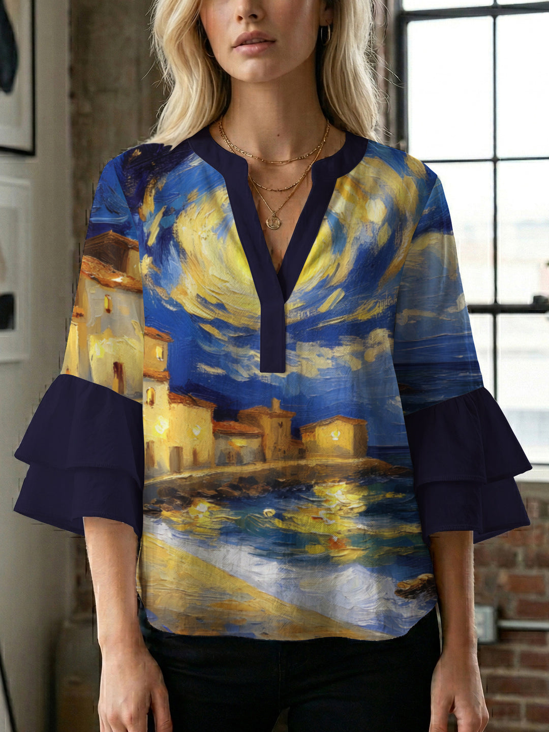 Damen lässige Bluse mit Volantärmeln und botanischem Druck R&B