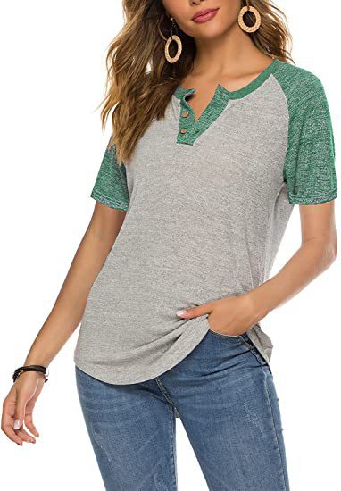 Damen lässiges Kurzarm-Henley-Shirt mit Knopfleiste R&B